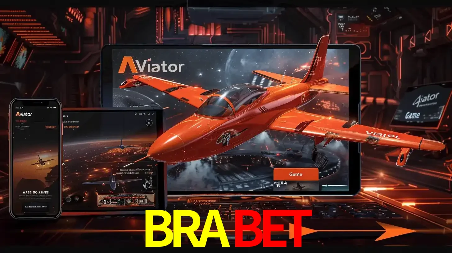 Apresentação tecnológica do jogo Aviator com um avião saindo da tela de um tablet, demonstrando a experiência imersiva em múltiplos dispositivos no BRABET.