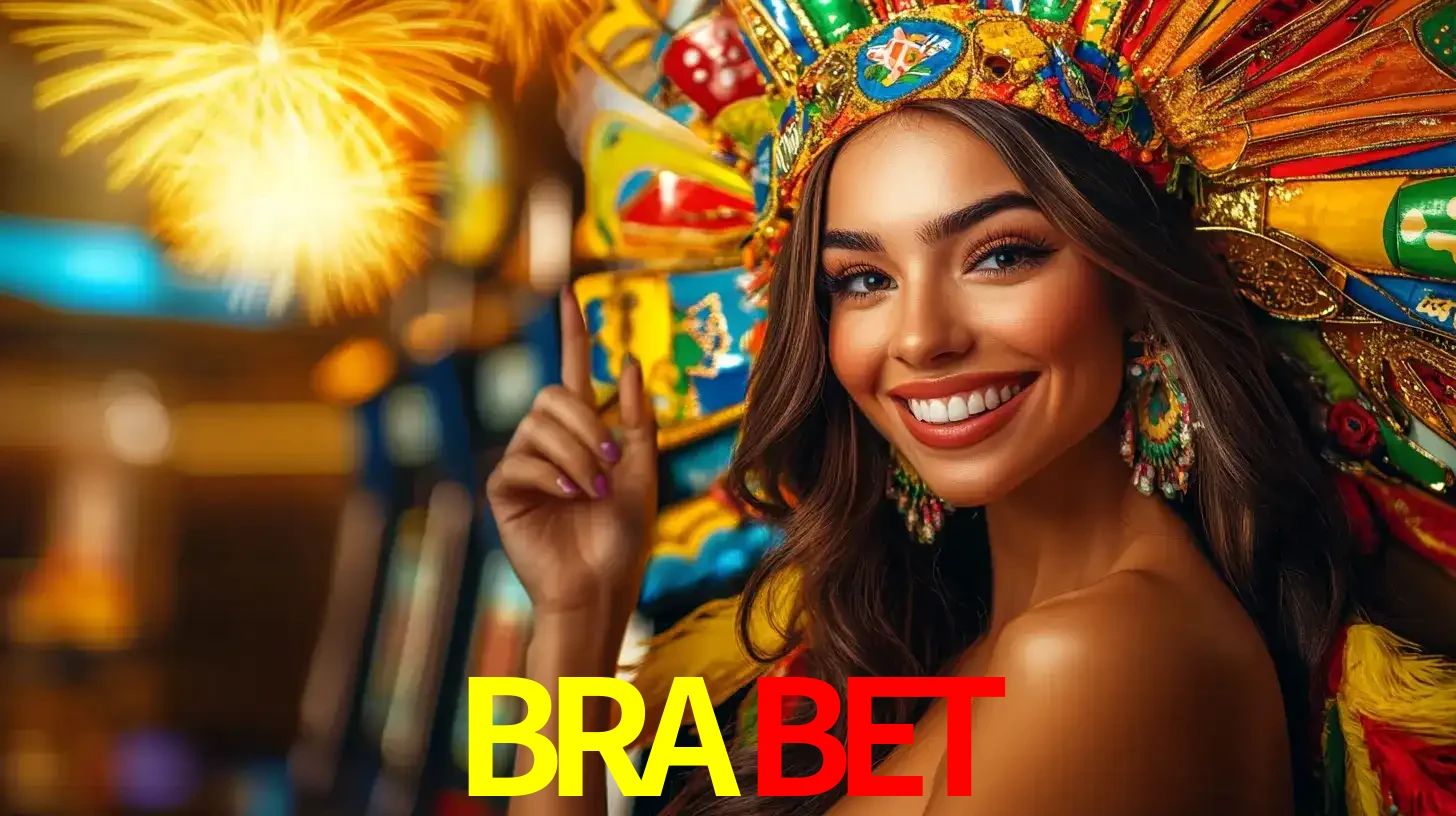 Mulher sorridente com um cocar de carnaval vibrante e colorido, celebrando uma grande vitória nos jogos do cassino BRABET com fogos de artifício ao fundo.