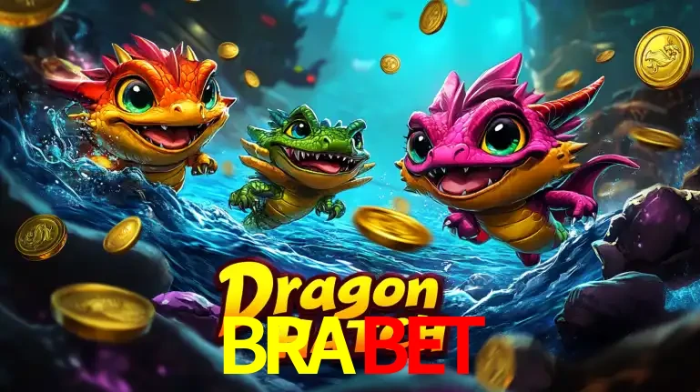 Arte promocional do jogo Dragon Hatch com três adoráveis dragões bebês nadando entre moedas de ouro, um dos slots mais divertidos para jogar no cassino BRABET.