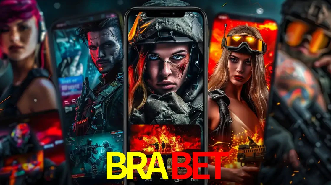 Montagem de telas de celular mostrando diversos personagens, masculinos e femininos, de um jogo de tiro, ilustrando a diversidade de equipes de e-sports para apostar no BRABET.