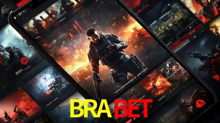 Tela de um celular exibindo uma galeria de jogos de tiro com temática militar, mostrando a variedade de e-sports disponíveis para apostas na plataforma de entretenimento BRABET.