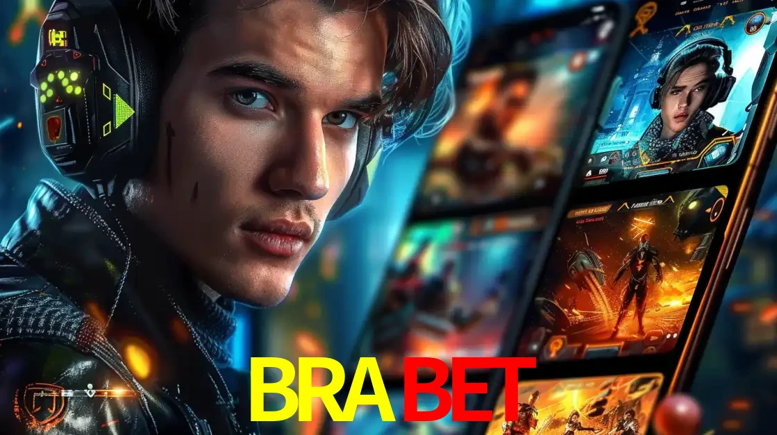 Jovem jogador com fones de ouvido olhando para a câmera, com um aplicativo de jogos e e-sports para celular ao fundo, pronto para a competição e apostas no BRABET.