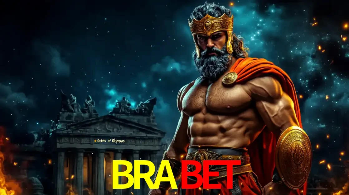 O poderoso Zeus do jogo de slot Gates of Olympus em frente ao seu templo, pronto para lançar multiplicadores divinos e prêmios épicos no cassino online BRABET.