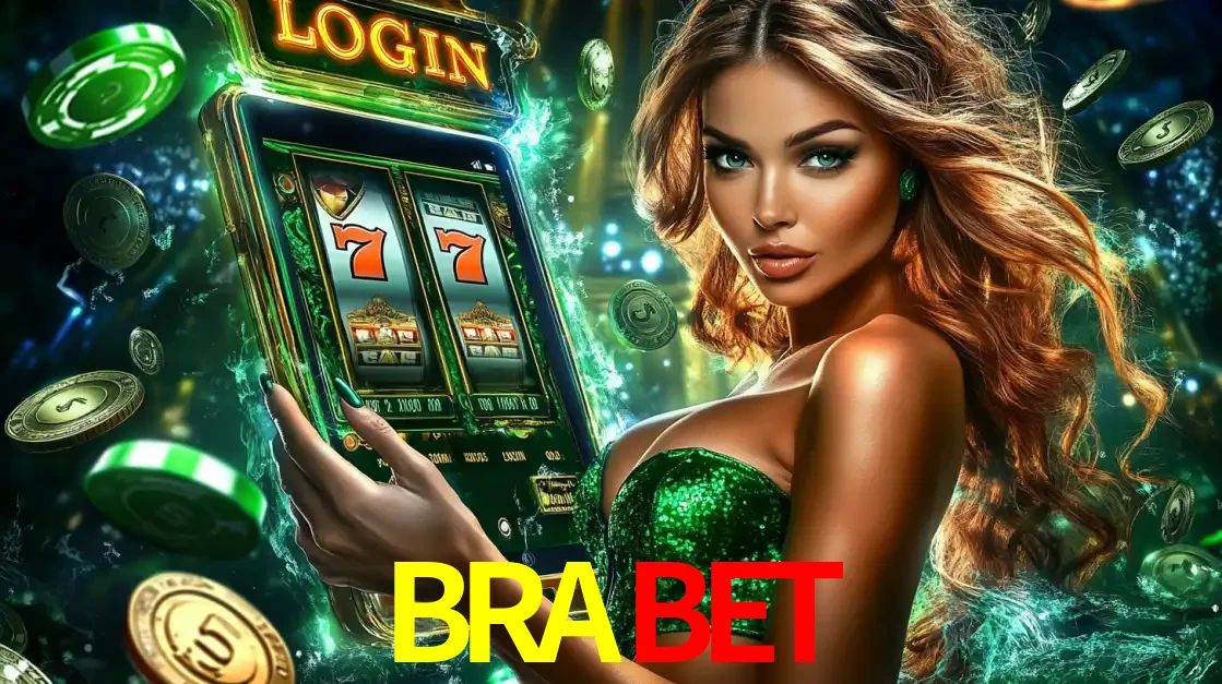Mulher com tema verde apresentando o aplicativo do cassino BRABET com um jogo de slot de 777, cercada por fichas de cassino e uma aura de sorte.