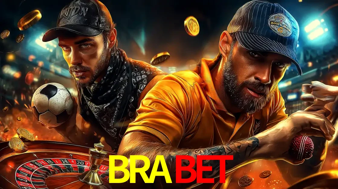 Montagem de apostas esportivas e cassino no BRABET, com um homem segurando uma bola de futebol e outro uma de beisebol sobre uma roleta e moedas voadoras.