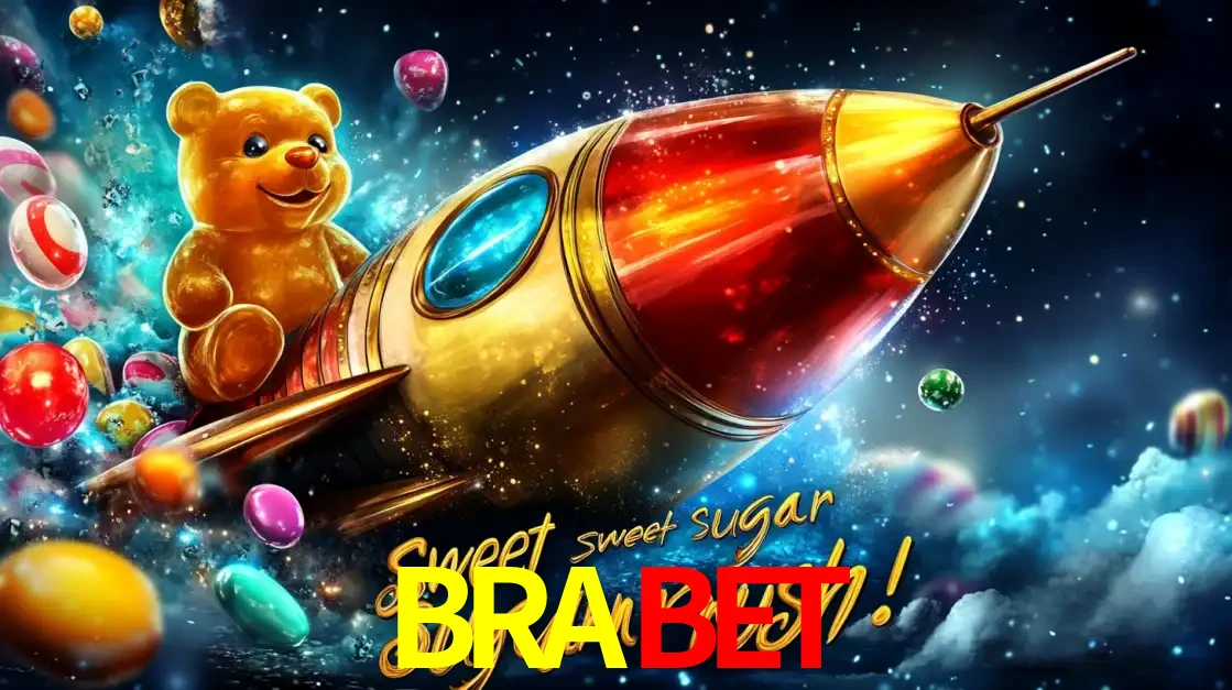 Arte promocional do jogo de slot Sugar Rush, com um urso de pelúcia em um foguete viajando pelo espaço de doces, um dos jogos divertidos disponíveis no cassino BRABET.