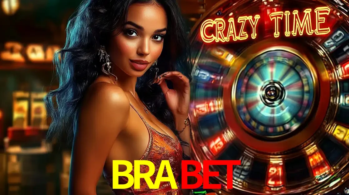 Mulher elegante ao lado da vibrante roda da fortuna do jogo de cassino ao vivo Crazy Time, um dos game shows mais populares e cheios de prêmios do BRABET.